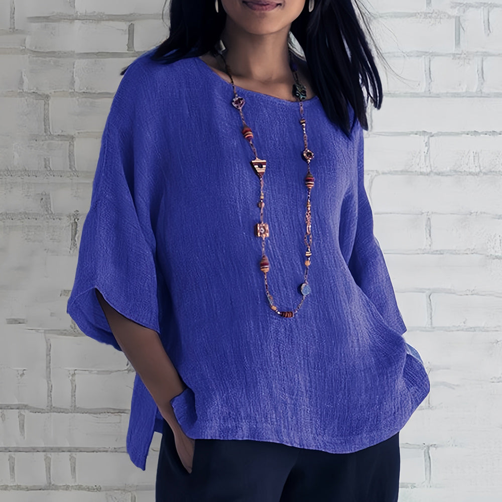 WW | Rosafarbenes, lockeres Rundhals-Shirt mit 3/4-Ärmeln für Damen