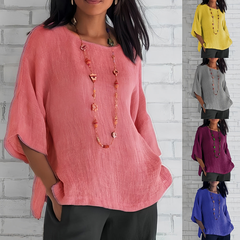 WW | Rosafarbenes, lockeres Rundhals-Shirt mit 3/4-Ärmeln für Damen