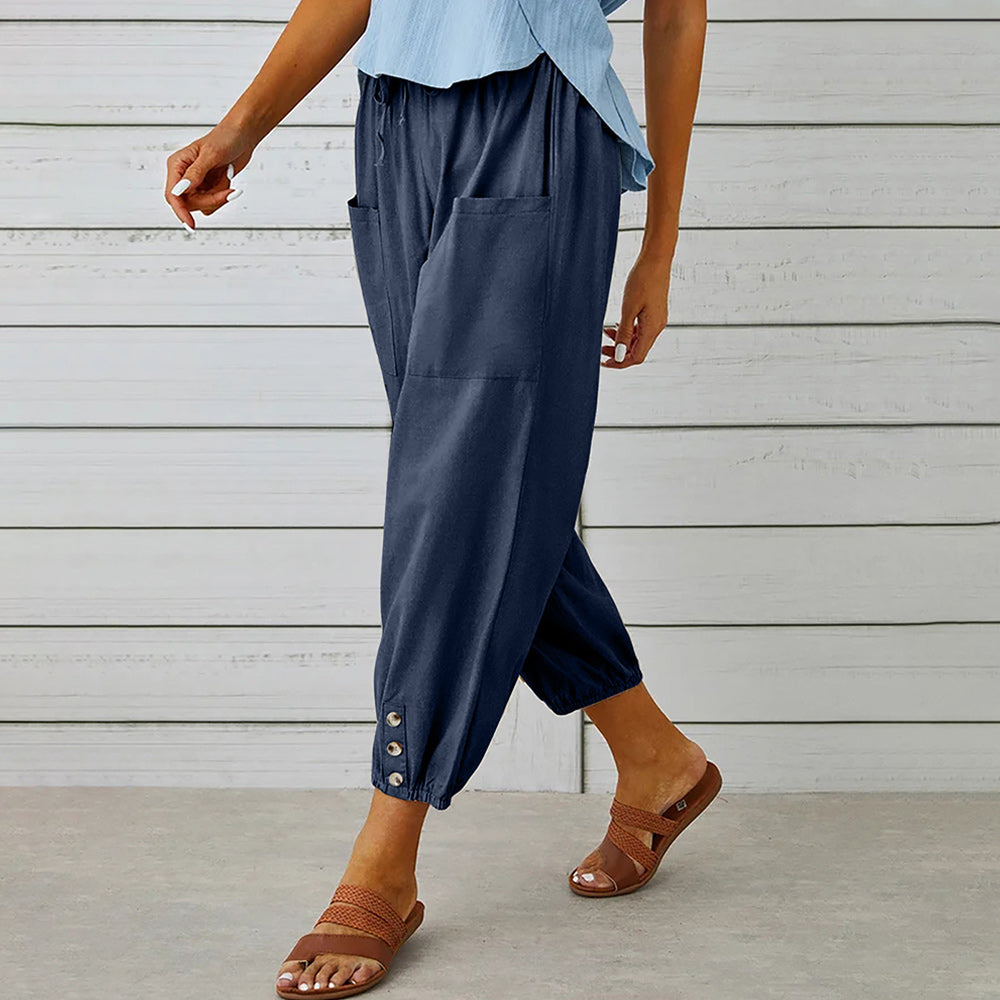 WW | kurze Damen-Overalls aus Baumwolle und Leinen mit Taschen und Knöpfen