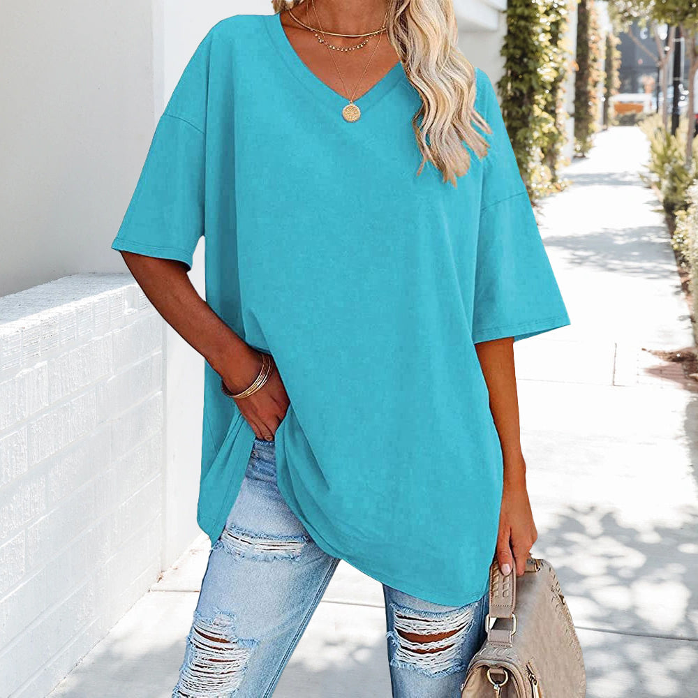 WW | einfarbiges neues Damen-T-Shirt aus Baumwolle mit V-Ausschnitt