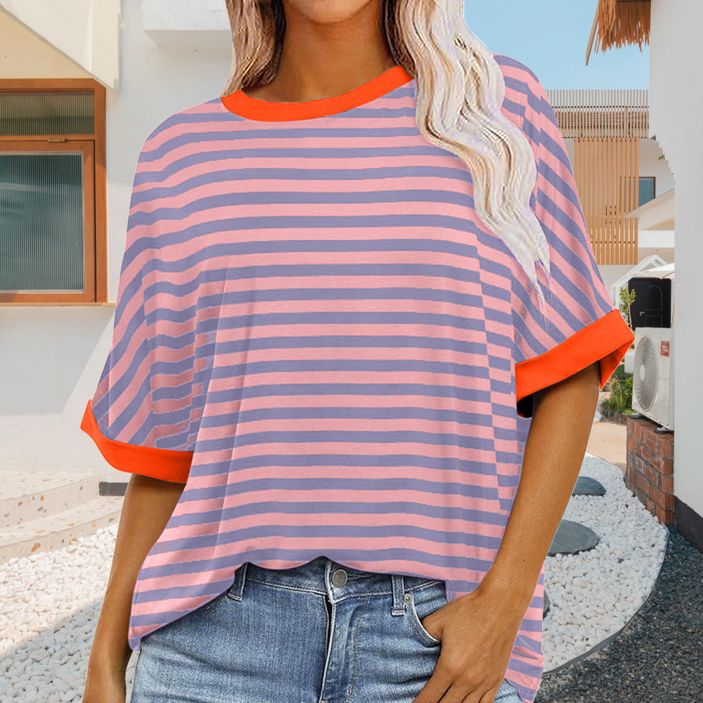 WW | sommer Damen Neue Einfache Gestreiften Rundhals Trendy Kurzen Ärmeln