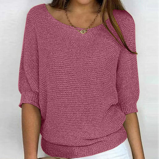 WW | Women's Plain Round-Neck Sweater with Three-Quarter Sleeves