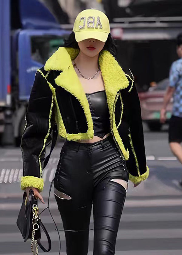 WW | Style Black Green Patchwork Fuzzy Wool Lined Coats