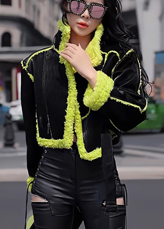 WW | Style Black Green Patchwork Fuzzy Wool Lined Coats