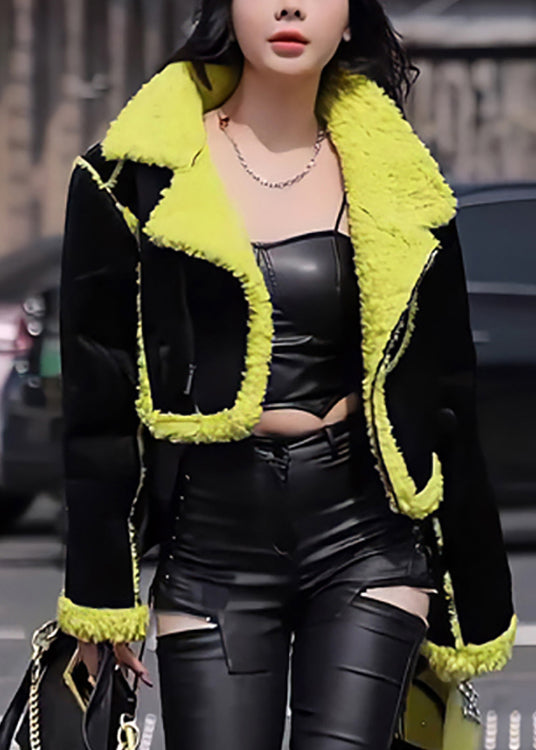 WW | Style Black Green Patchwork Fuzzy Wool Lined Coats