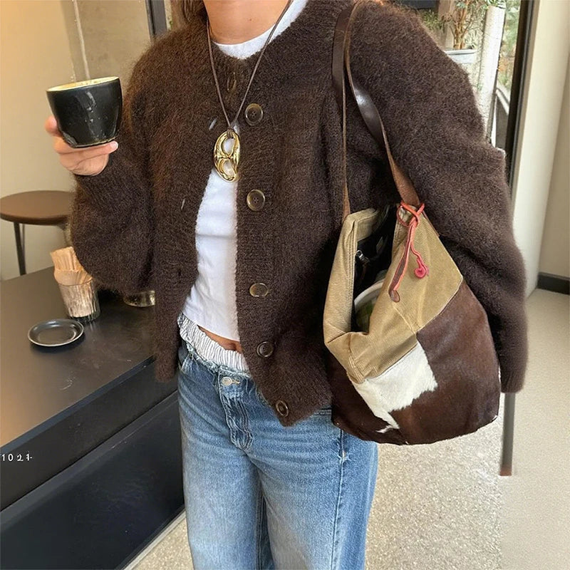WW | Damen Braun Strickjacke mit langen Ärmeln und Knopfverschluss