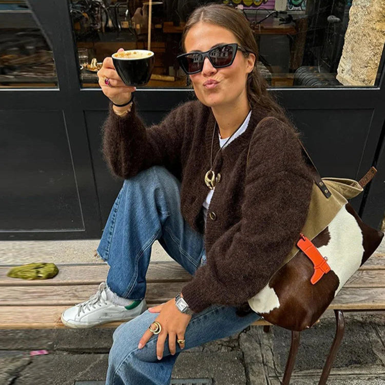 WW | Damen Braun Strickjacke mit langen Ärmeln und Knopfverschluss