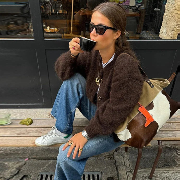 WW | Damen Braun Strickjacke mit langen Ärmeln und Knopfverschluss