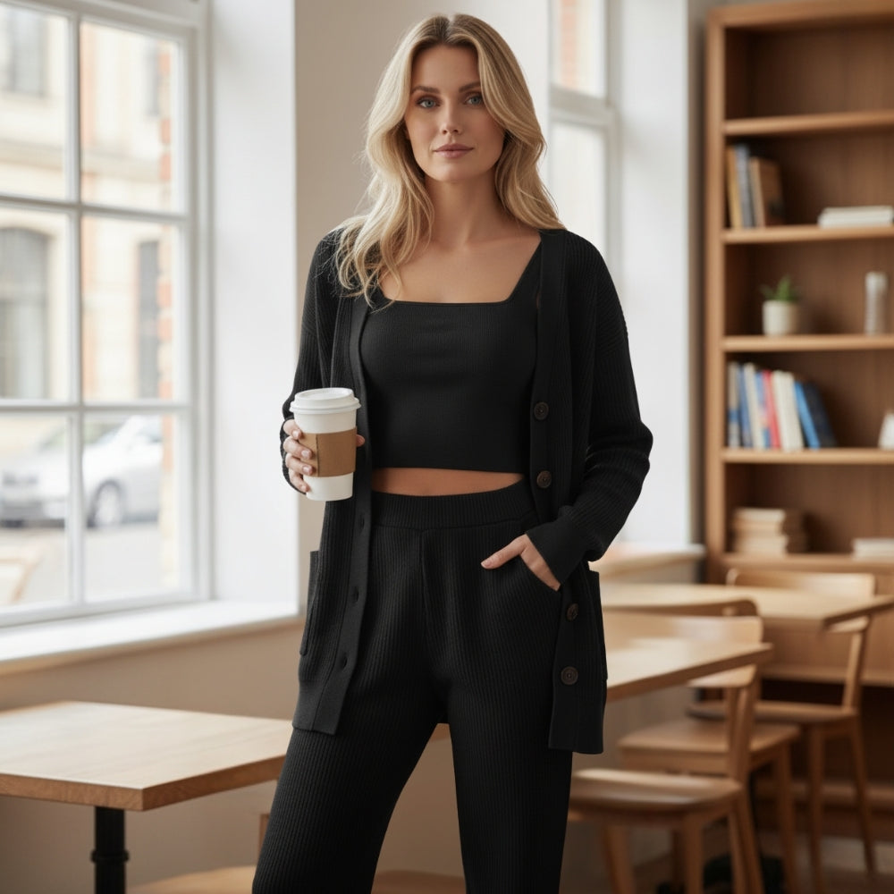 WW | Dreiteiliges Set für Frauen: Cardigan, Weste und Hose
