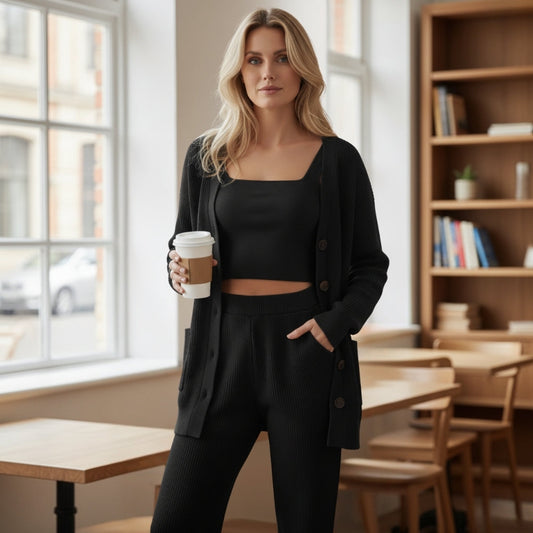 WW | Dreiteiliges Set für Frauen: Cardigan, Weste und Hose