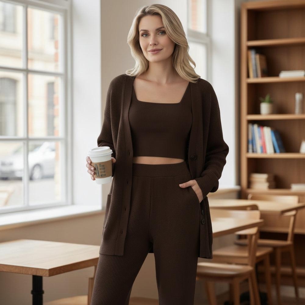 WW | Dreiteiliges Set für Frauen: Cardigan, Weste und Hose