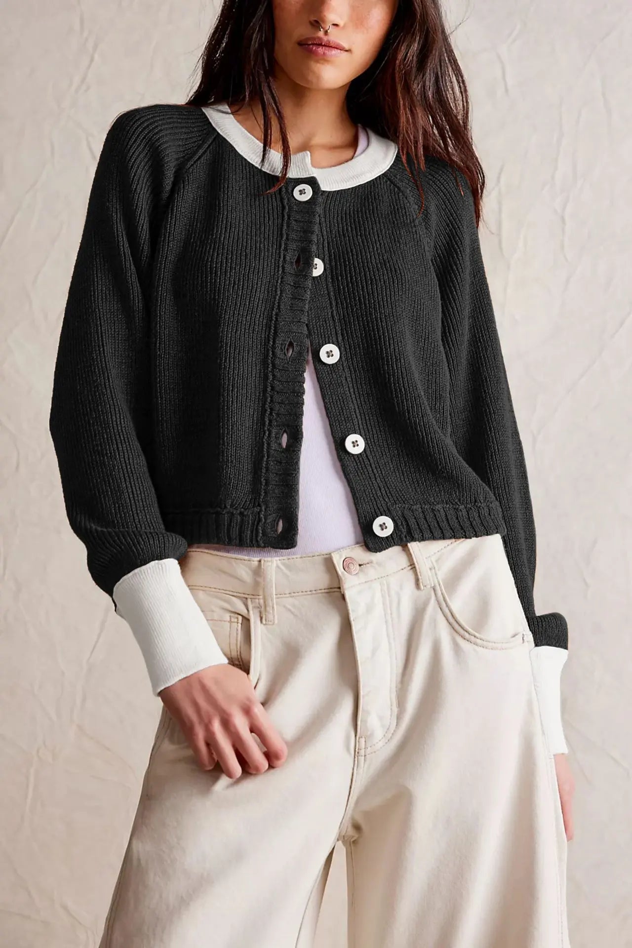 WW | Damen Cropped Cardigan mit Knöpfen und langen Ärmeln