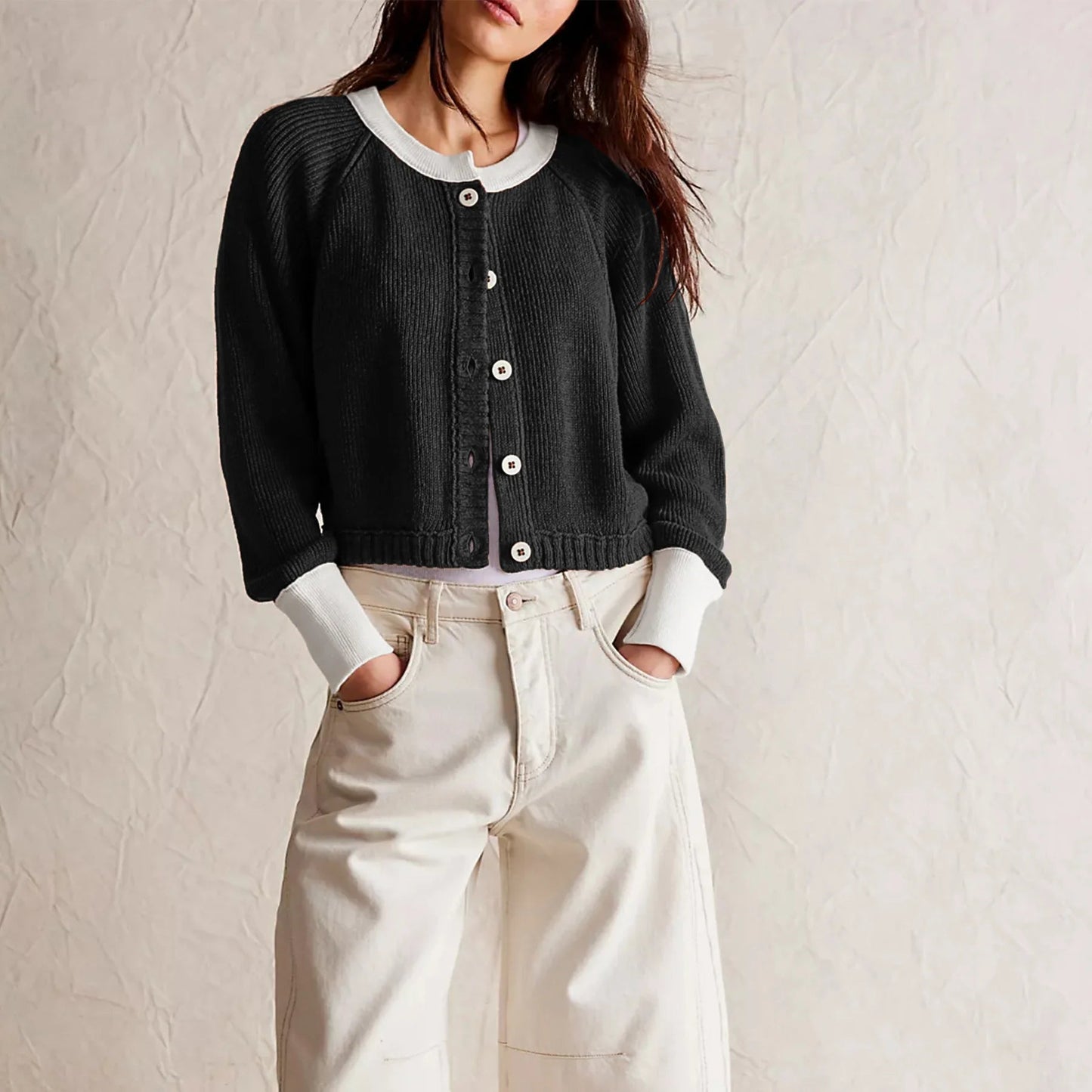 WW | Damen Cropped Cardigan mit Knöpfen und langen Ärmeln