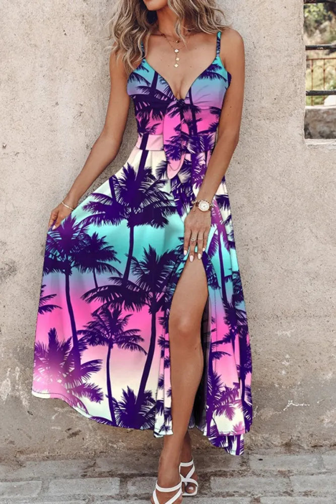 WW | Lässige Print Halter Spaghetti Träger Lange Kleider