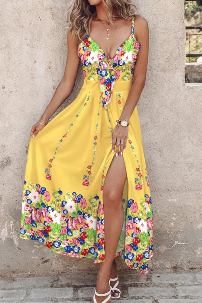 WW | Lässige Print Halter Spaghetti Träger Lange Kleider