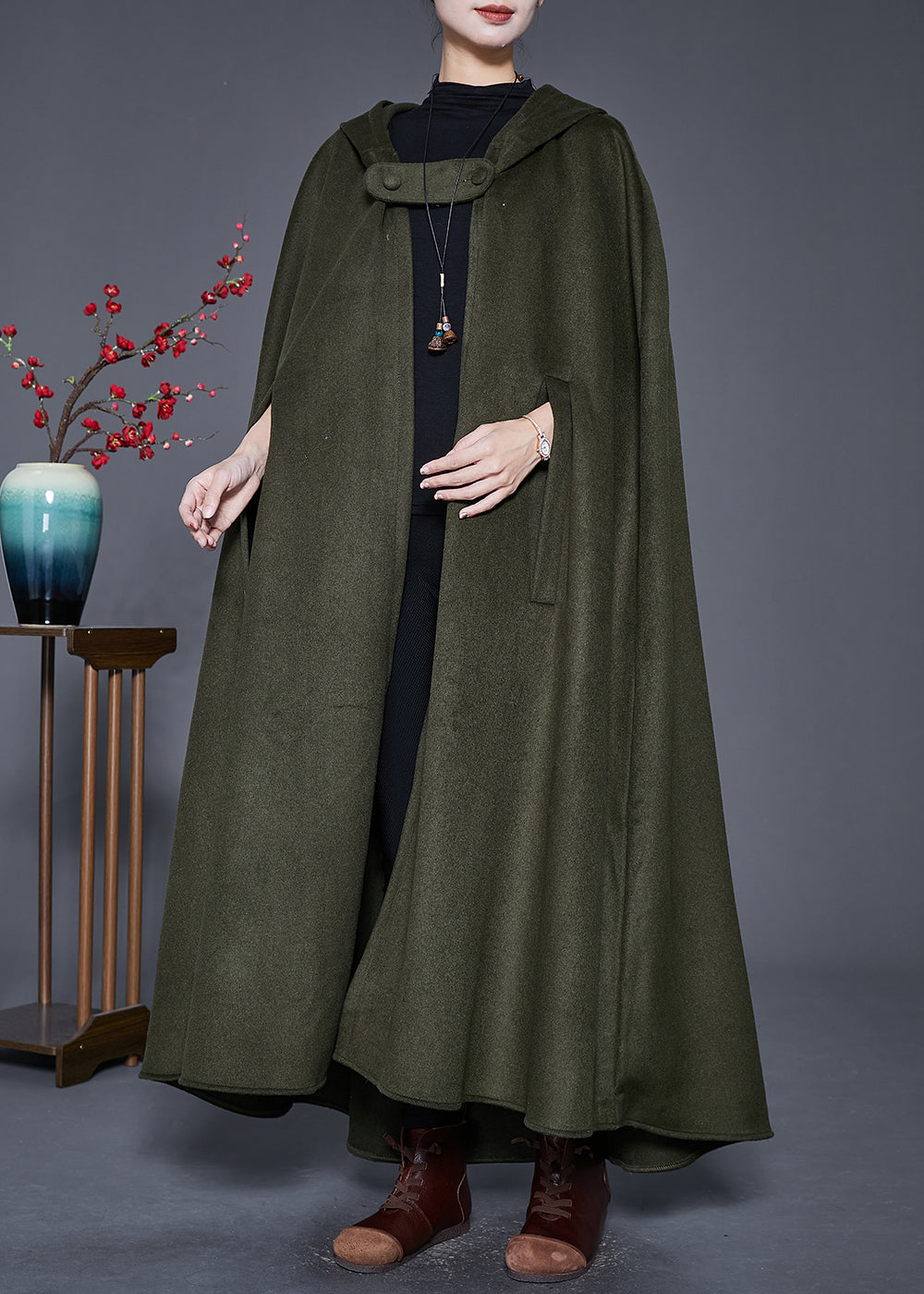 WW | Green Loose Wool Trench Coats with Hooded Cape Sleeves