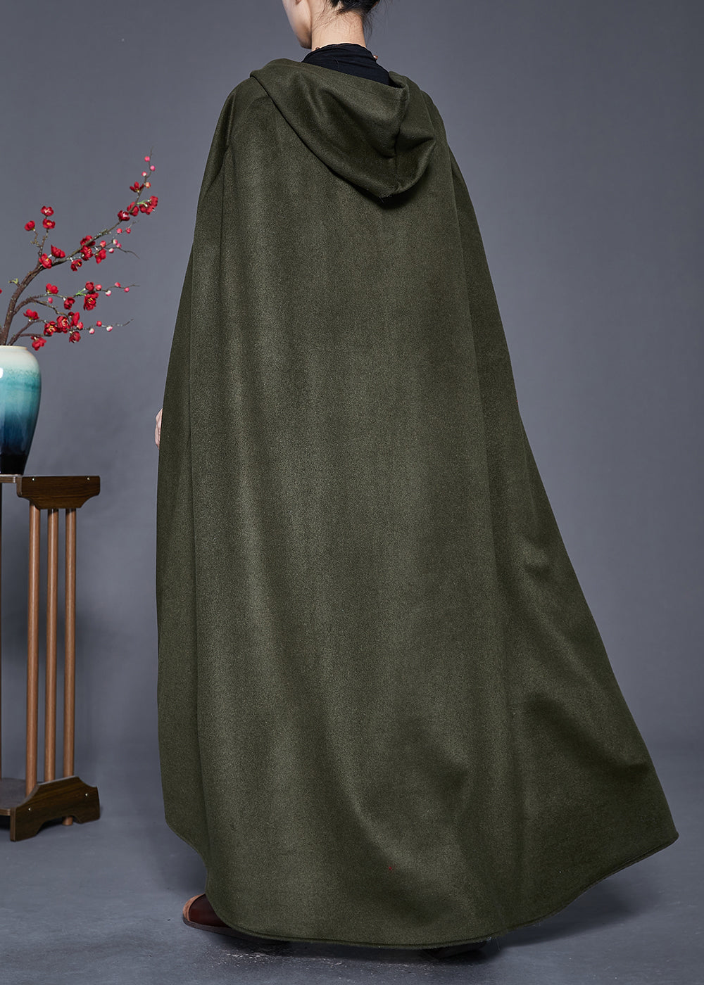 WW | Green Loose Wool Trench Coats with Hooded Cape Sleeves