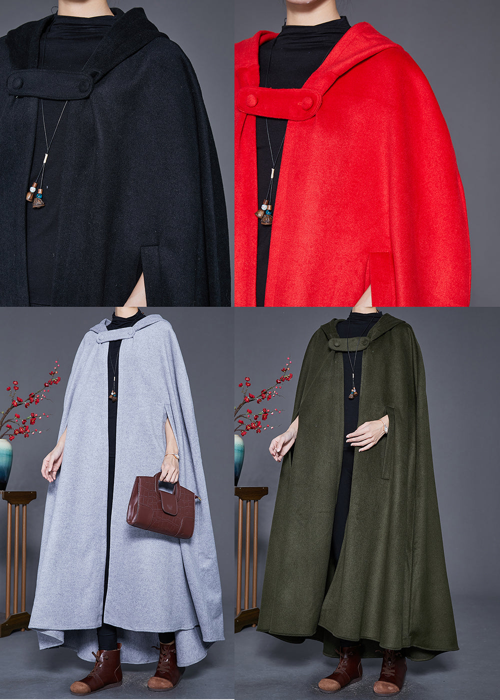 WW | Green Loose Wool Trench Coats with Hooded Cape Sleeves