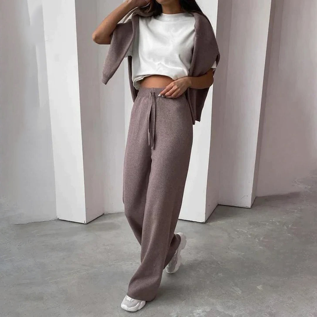 WW | Loungewear Satz Hoher Kragen Pullover Weite Hose Weiches Strick Lockerer Schnitt