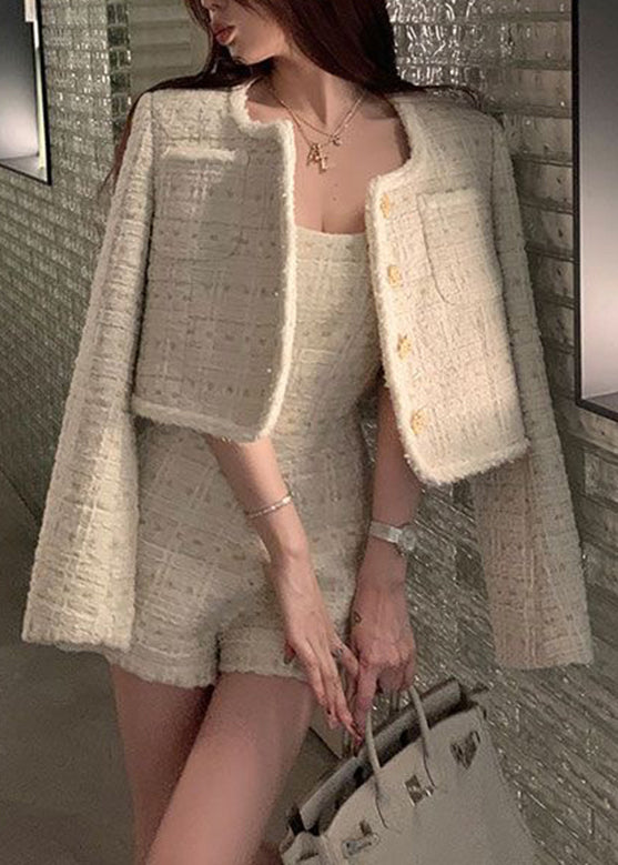 WW | Apricot Off-the-Shoulder Print Coats and Jumpsuit Two Piece Set