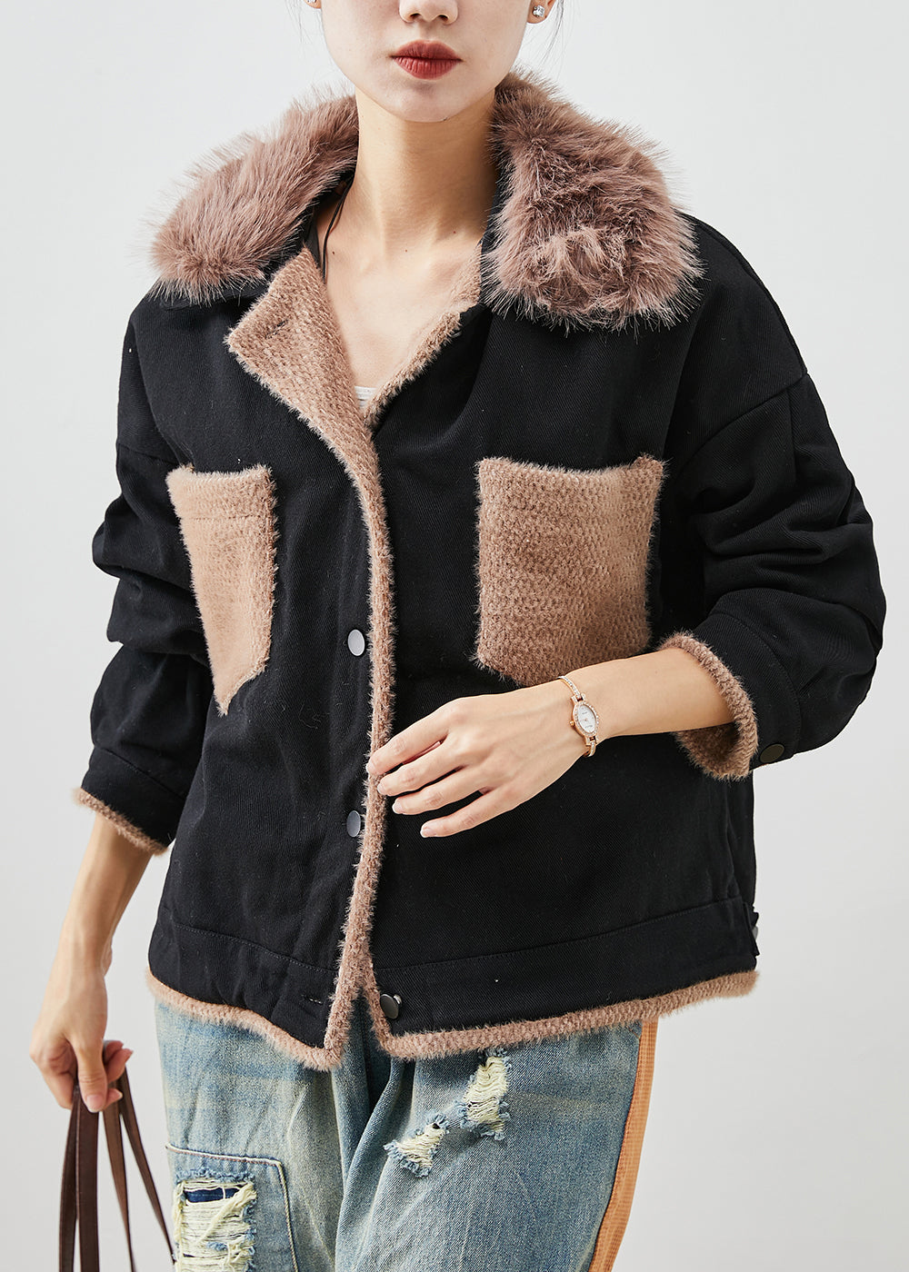 WW | Black Fur Collar Patchwork Cotton Coats