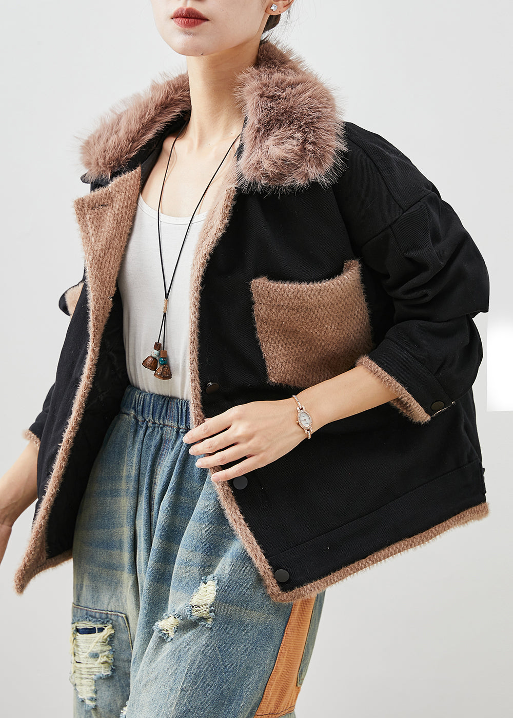 WW | Black Fur Collar Patchwork Cotton Coats
