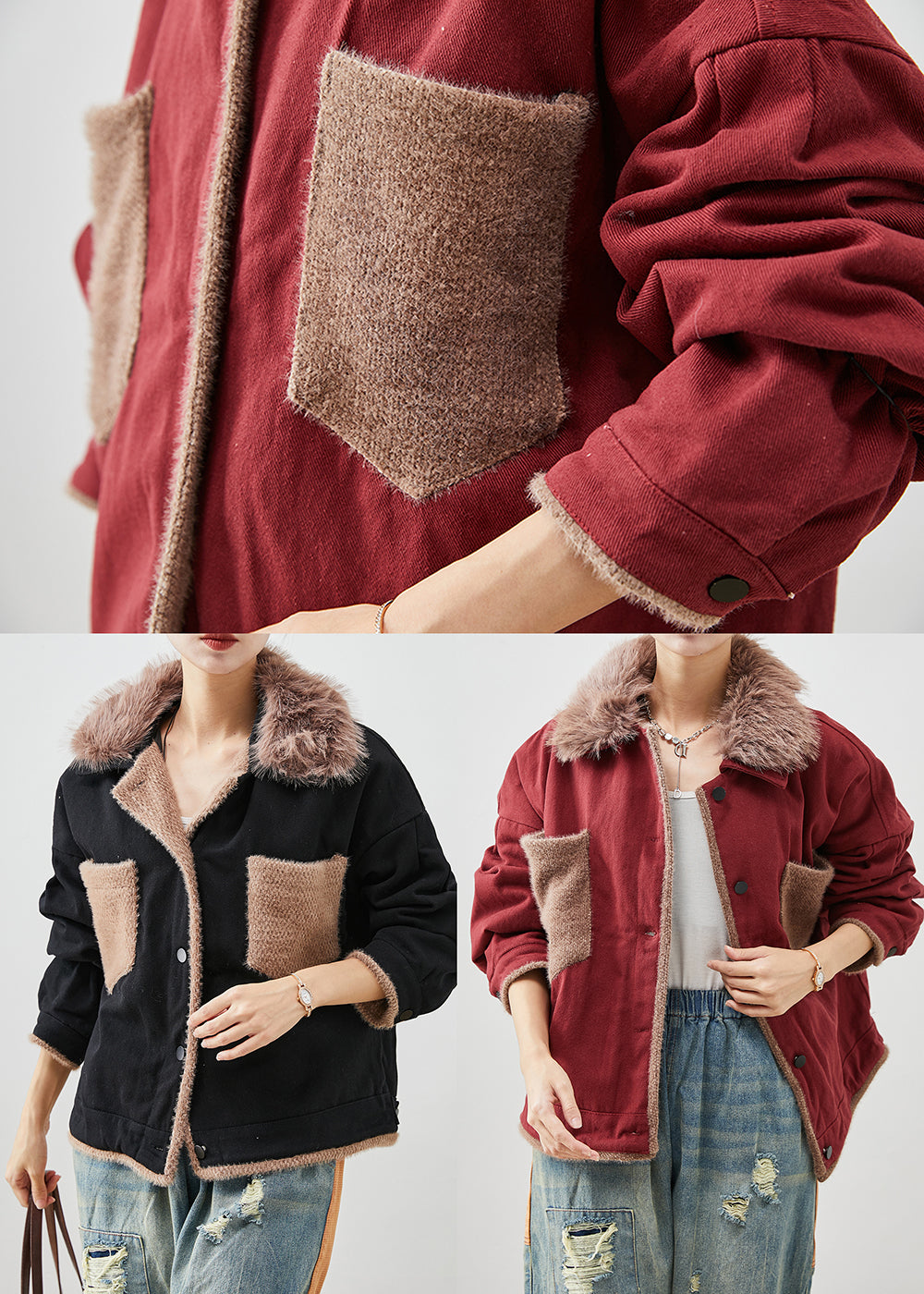 WW | Black Fur Collar Patchwork Cotton Coats