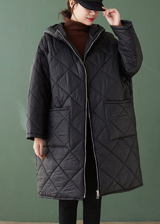 WW | Schwarze Kapuze Taschen Reißverschluss Patchwork feine Baumwollgefüllte Mäntel Winter