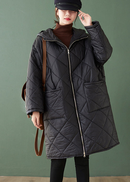 WW | Schwarze Kapuze Taschen Reißverschluss Patchwork feine Baumwollgefüllte Mäntel Winter