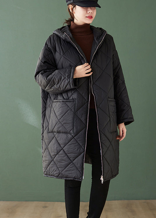 WW | Schwarze Kapuze Taschen Reißverschluss Patchwork feine Baumwollgefüllte Mäntel Winter