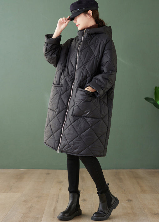 WW | Schwarze Kapuze Taschen Reißverschluss Patchwork feine Baumwollgefüllte Mäntel Winter