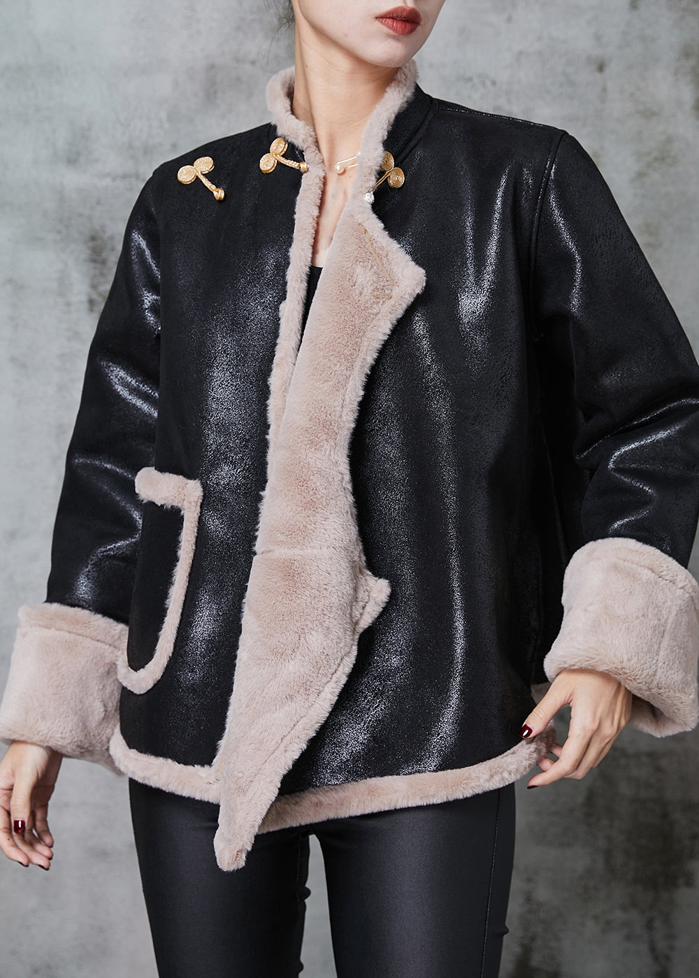 WW | Black Mandarin Collar Warm Fleece Faux Suede Coats