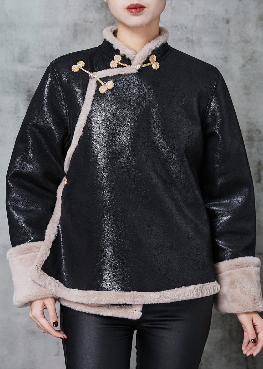 WW | Black Mandarin Collar Warm Fleece Faux Suede Coats