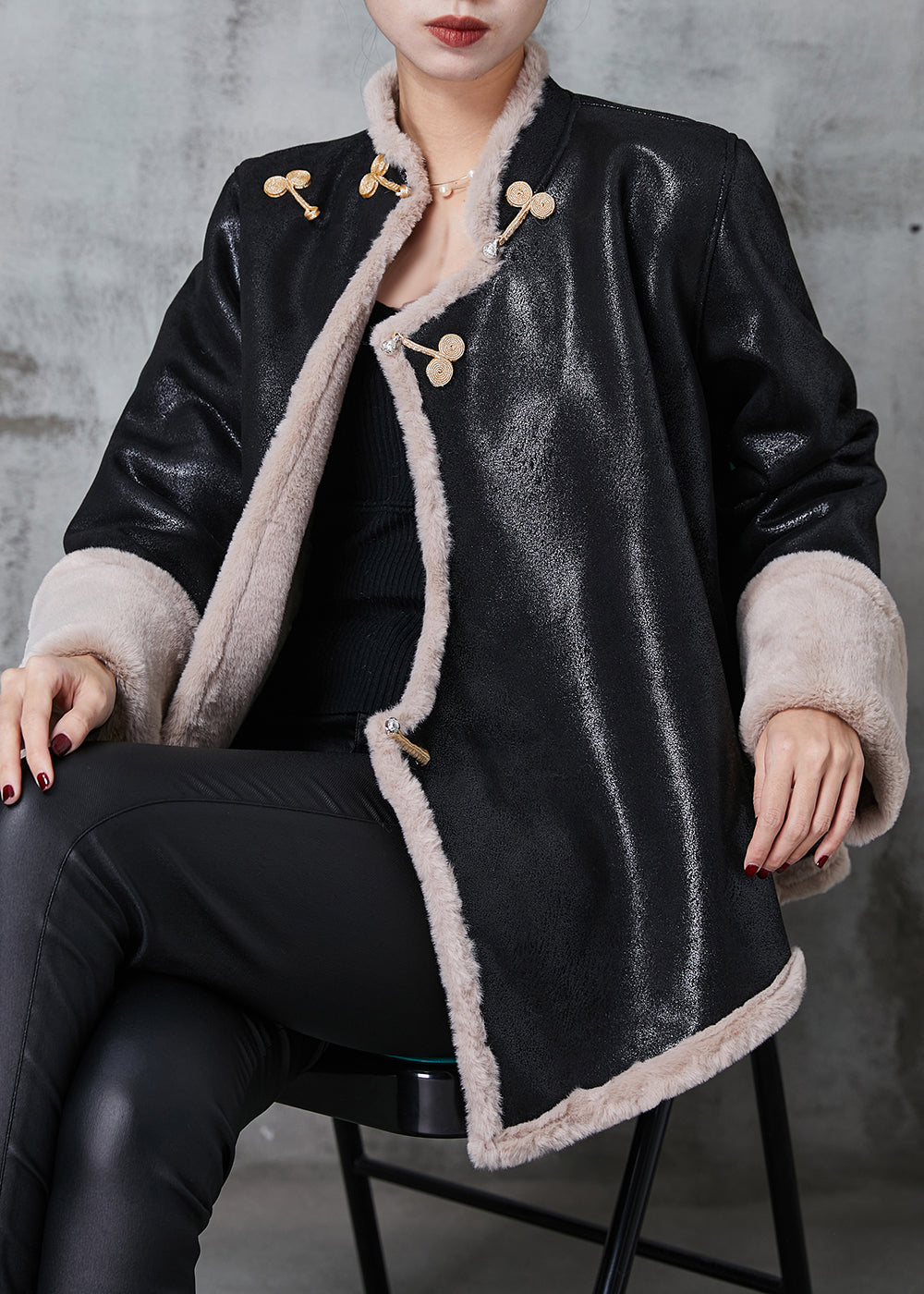 WW | Black Mandarin Collar Warm Fleece Faux Suede Coats