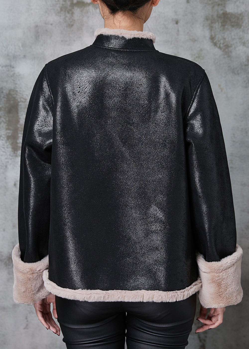 WW | Black Mandarin Collar Warm Fleece Faux Suede Coats