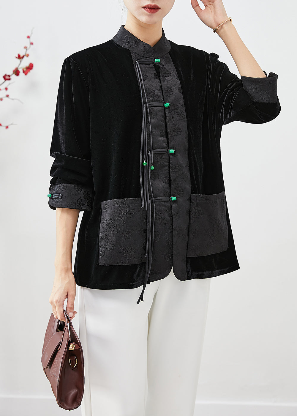 WW | Black Fringed Patchwork Jacquard Silk Velvet Coats
