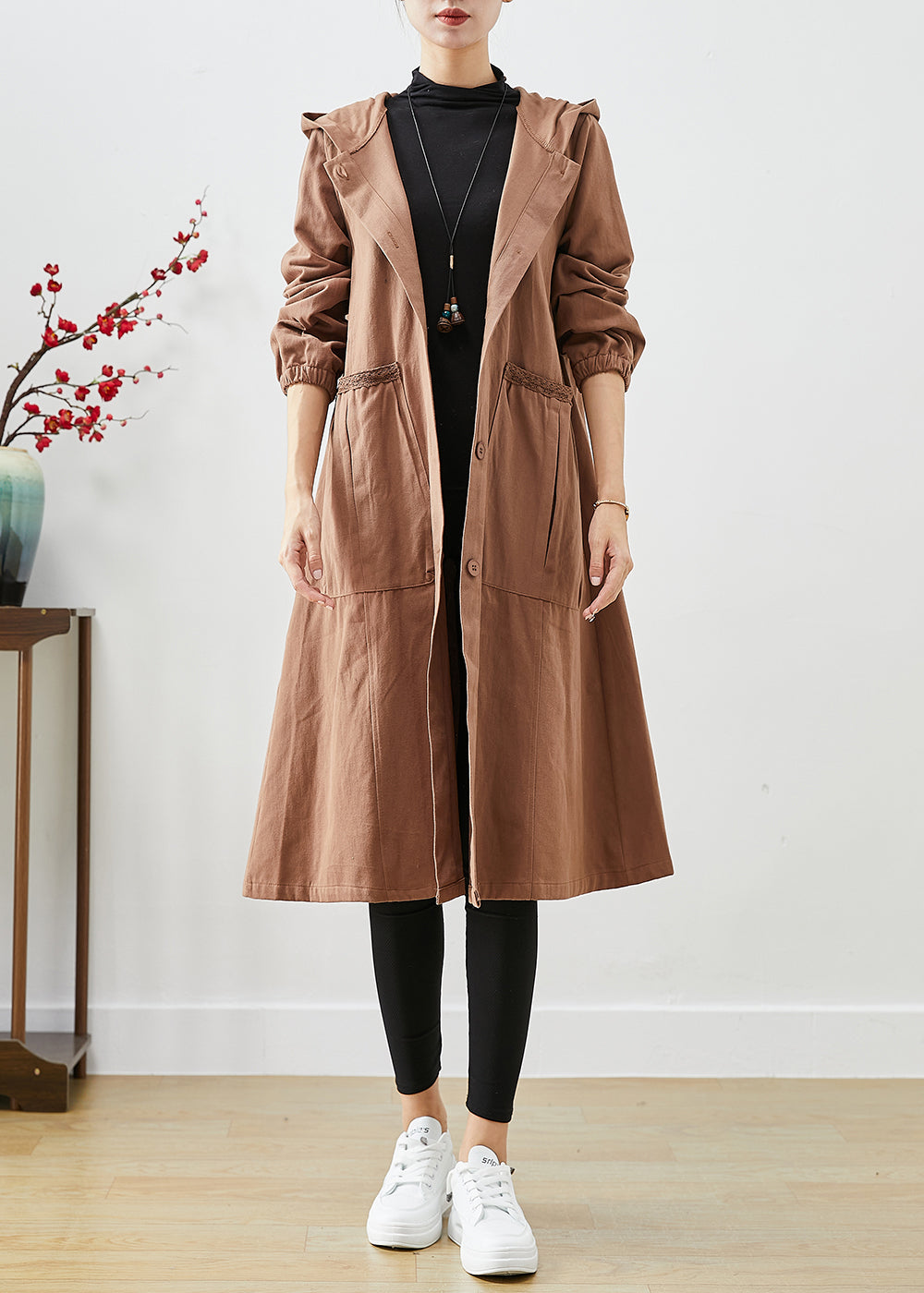 WW | Coffee Hooded Pocket Cotton Trench Coats