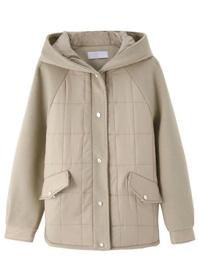 WW | Light Grey Hooded Patchwork Fine Cotton Padded Jackets Winter