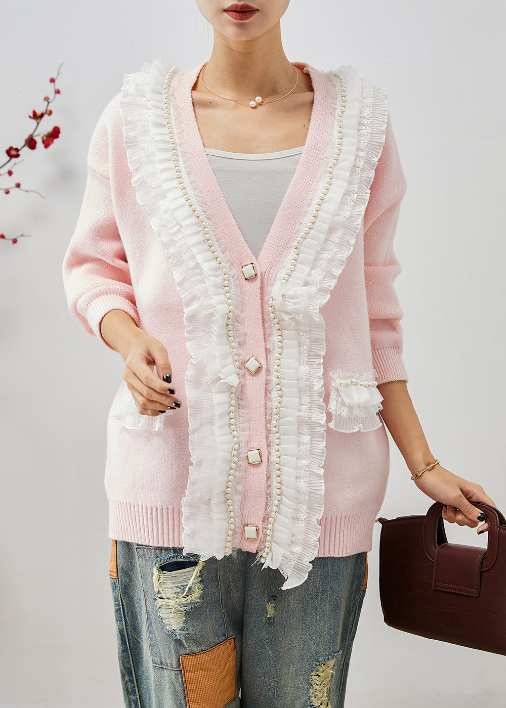 WW | Pink Ruffled Patchwork Warm Knitted Cardigans