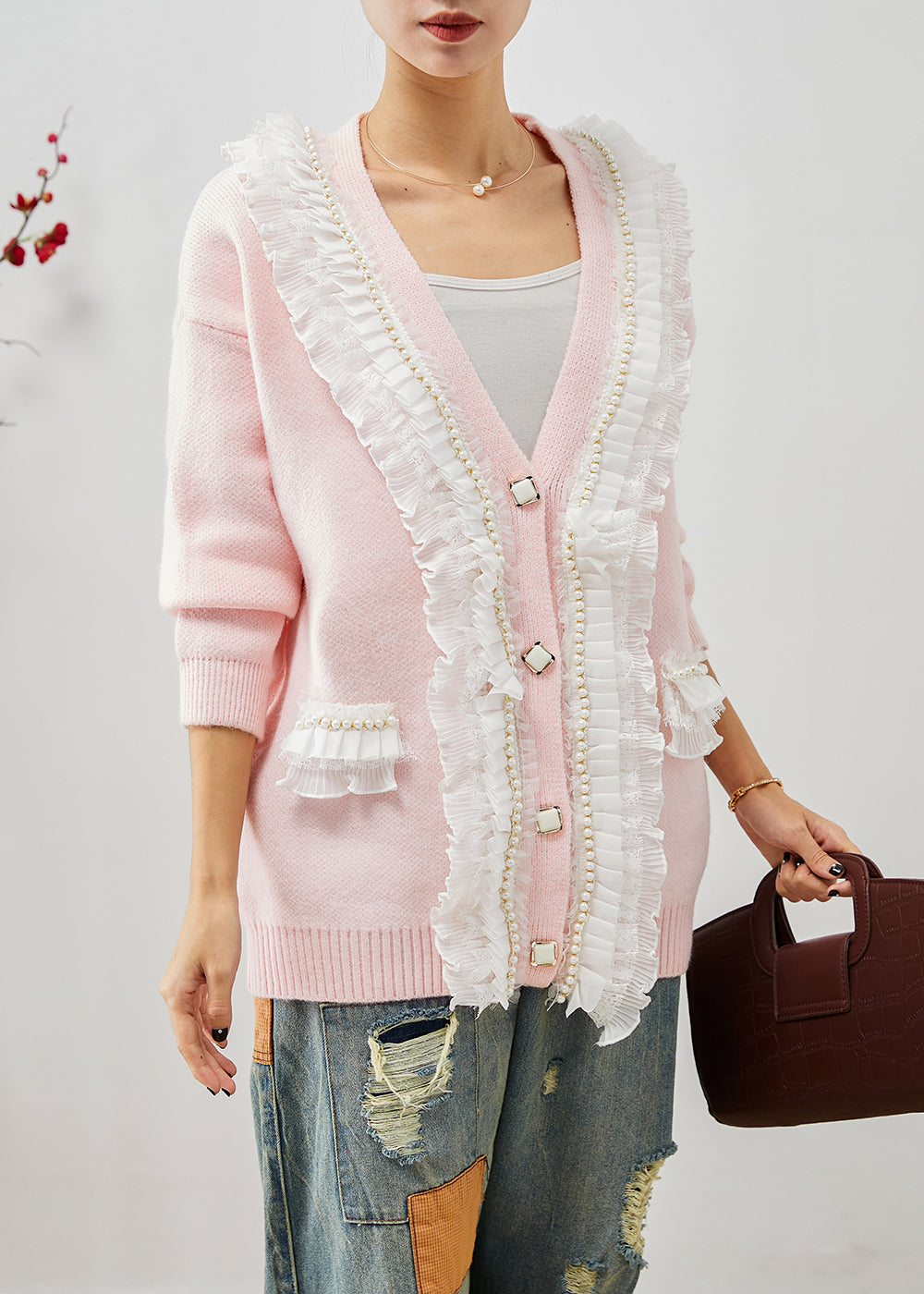 WW | Pink Ruffled Patchwork Warm Knitted Cardigans