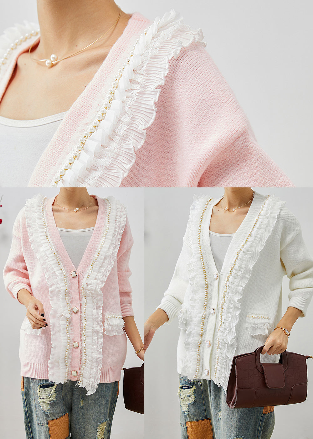 WW | Pink Ruffled Patchwork Warm Knitted Cardigans