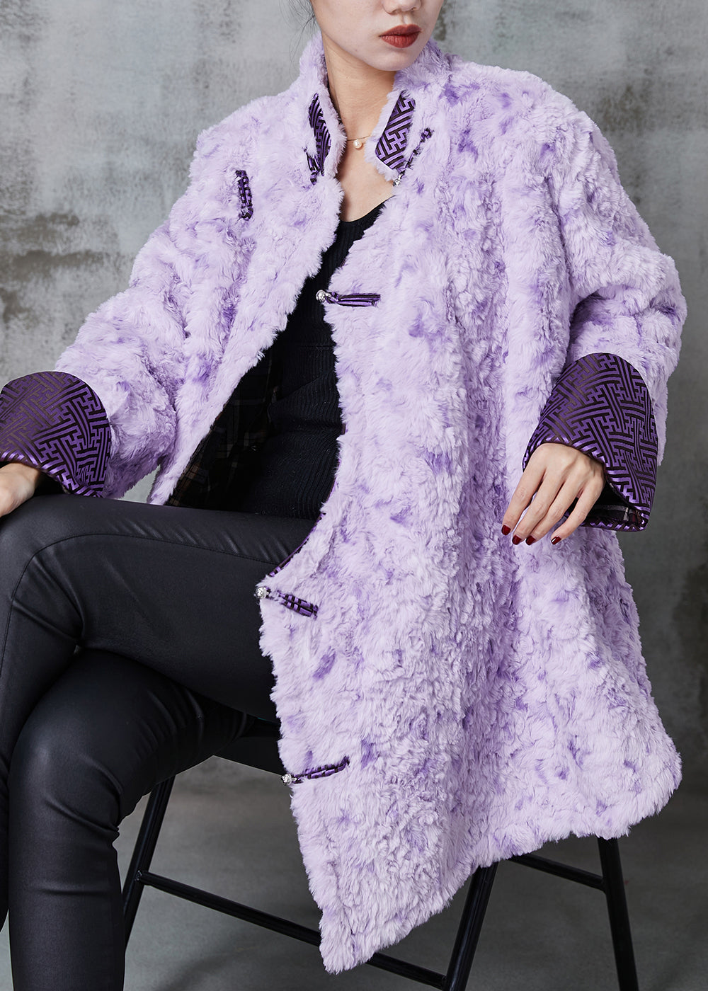 WW | Purple Mandarin Collar Chinese Button Faux Fur Coats