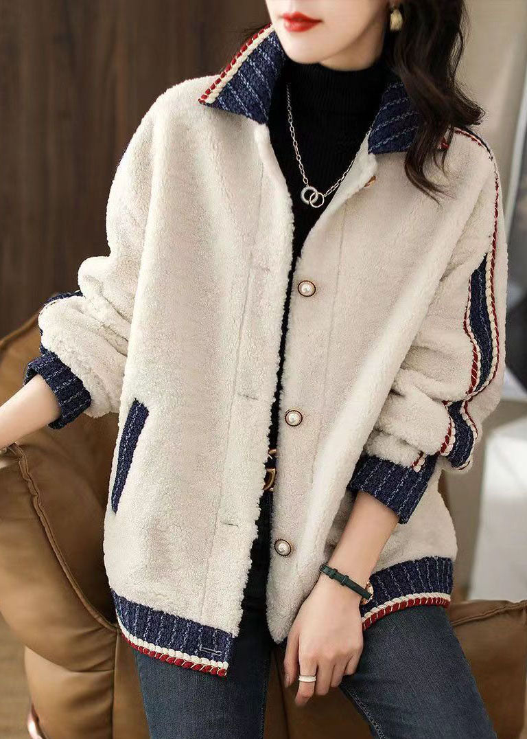 WW | White Peter Pan Collar Pockets Patchwork Faux Fur Jackets
