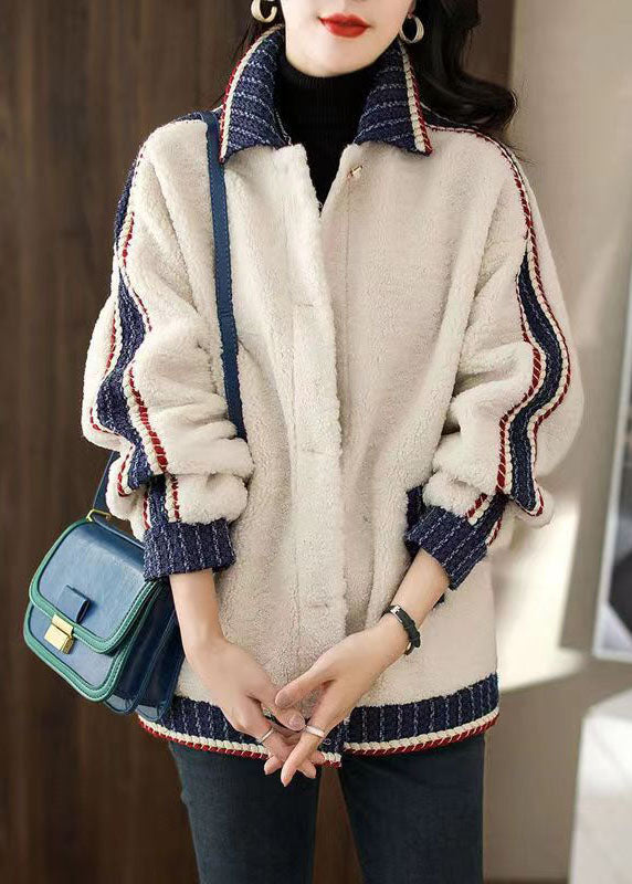 WW | White Peter Pan Collar Pockets Patchwork Faux Fur Jackets