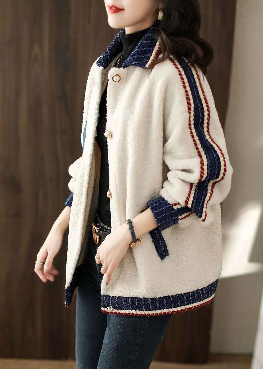 WW | White Peter Pan Collar Pockets Patchwork Faux Fur Jackets