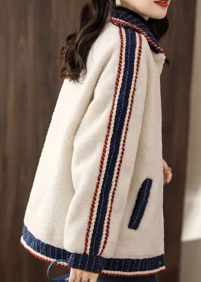 WW | White Peter Pan Collar Pockets Patchwork Faux Fur Jackets