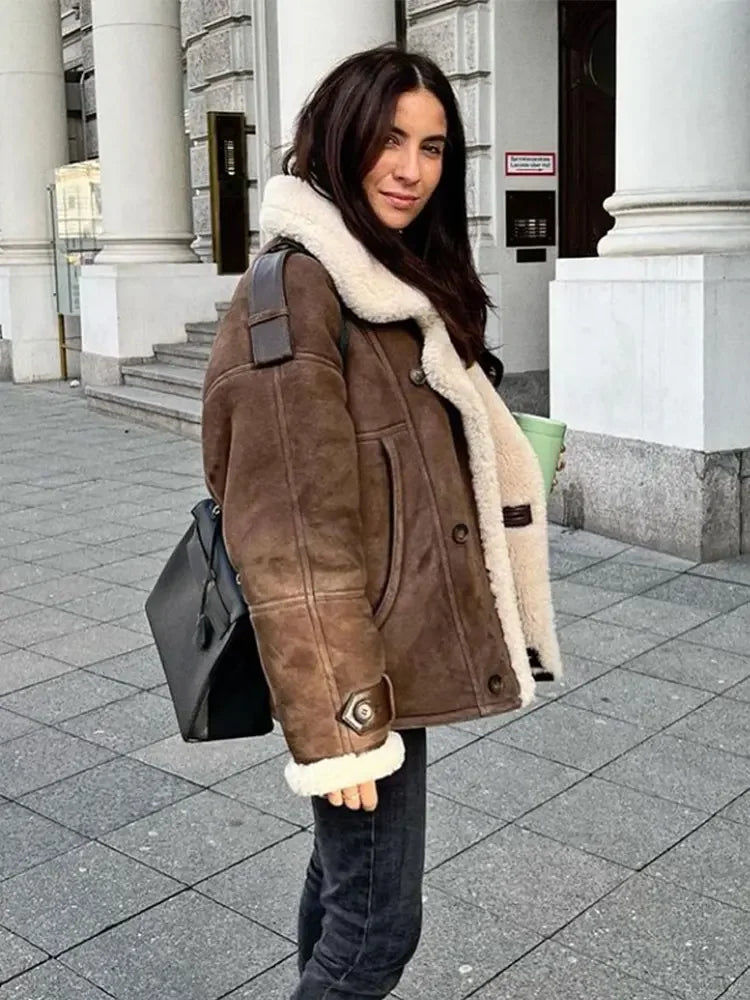 WW | Suedette Fleece Gefüttert Jacke mit Sherpa Pilotinnenjacke
