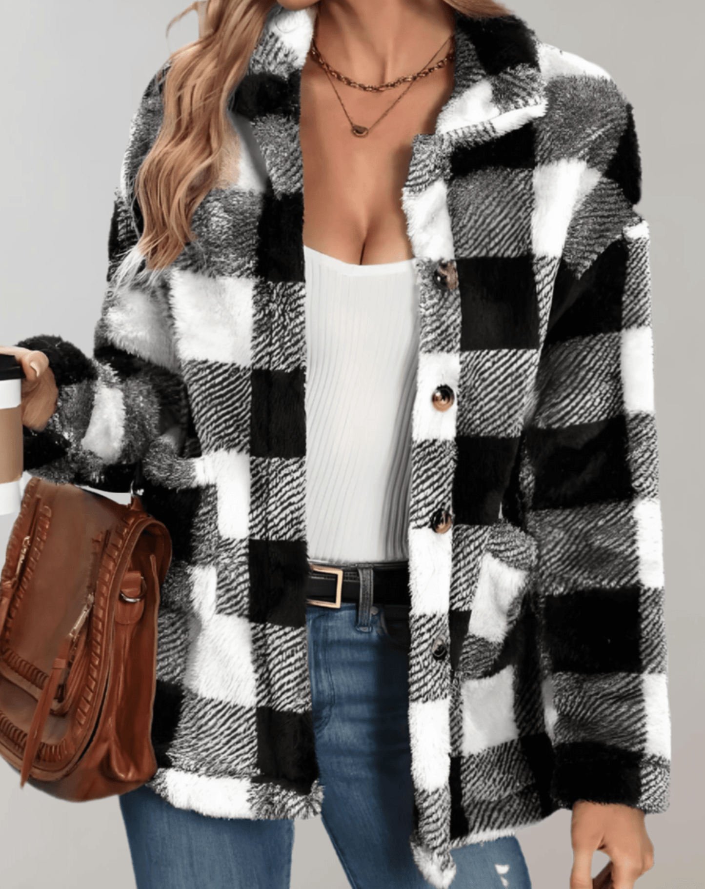 WW | Karierte Teddy-Fleece-Jacke mit langen Ärmeln für Frauen