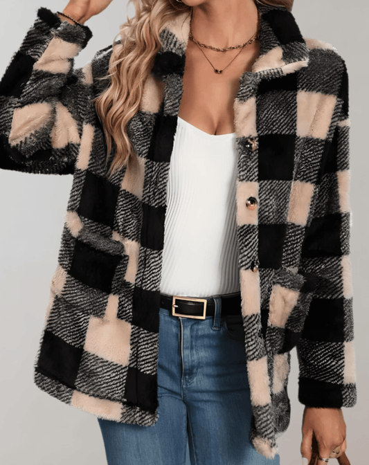 WW | Karierte Teddy-Fleece-Jacke mit langen Ärmeln für Frauen