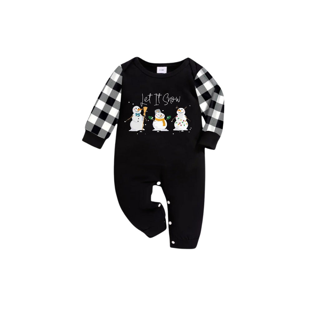 WW | Schwarz-Weiß kariertes kurzärmeliges Weihnachts-Pyjama-Set mit Schneemann- und Cheer-Textdrucks